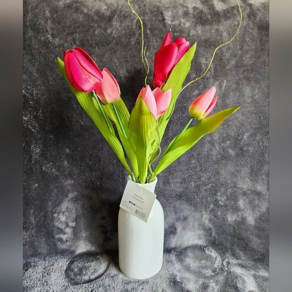 NWT summer pink Tulip Floral Arrangement in White Ceramic Pot, 17